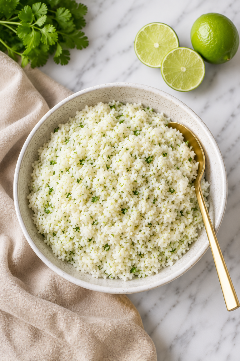 Bowl of fluffy coconut lime rice with fresh lime zest and cilantro mixed throughout, served with a gold spoon on a white marble countertop with a neutral linen cloth.