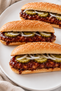 Homemade copycat McDonald's McRib sandwiches on a white oval platter topped with BBQ sauce, pickles, and sliced onions.