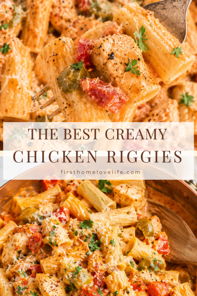 Fork lifting creamy Chicken Riggies pasta with chicken, peppers, and Parmesan cheese above a copper skillet filled with rigatoni pasta.