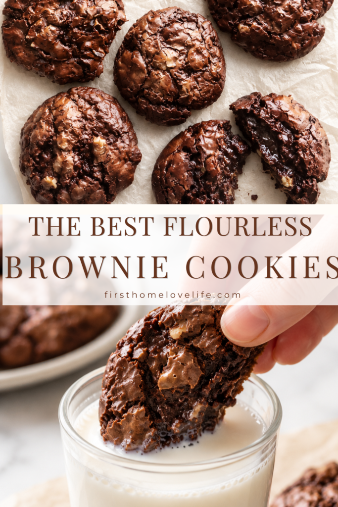 Flourless brownie cookies with crackly tops and gooey chocolate centers served with a cookie dipped into a glass of milk.