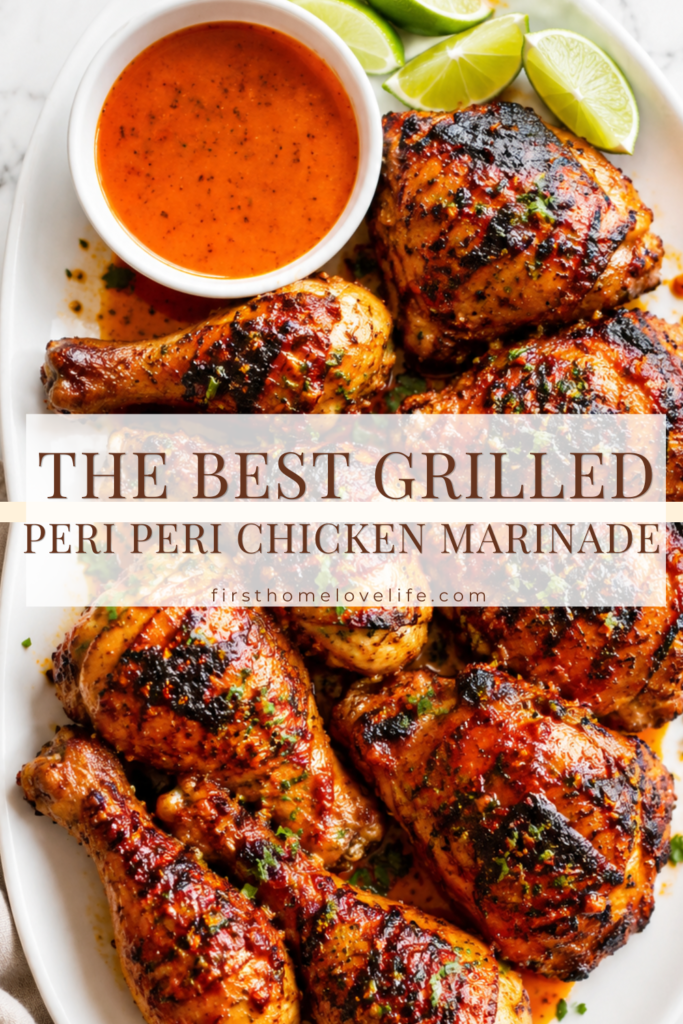 Peri peri grilled chicken on a white platter with homemade peri peri sauce and lime wedges.