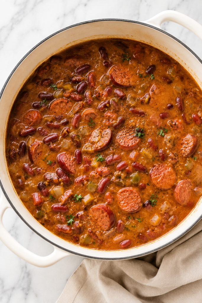 Southern red beans and rice with smoked sausage simmering in a white Dutch oven on a marble countertop.