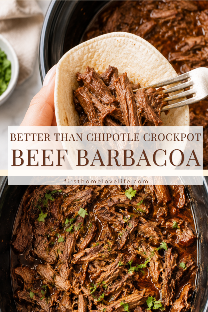 Hand filling a soft flour tortilla with juicy Crockpot Beef Barbacoa using a fork in front of a slow cooker filled with tender shredded beef.