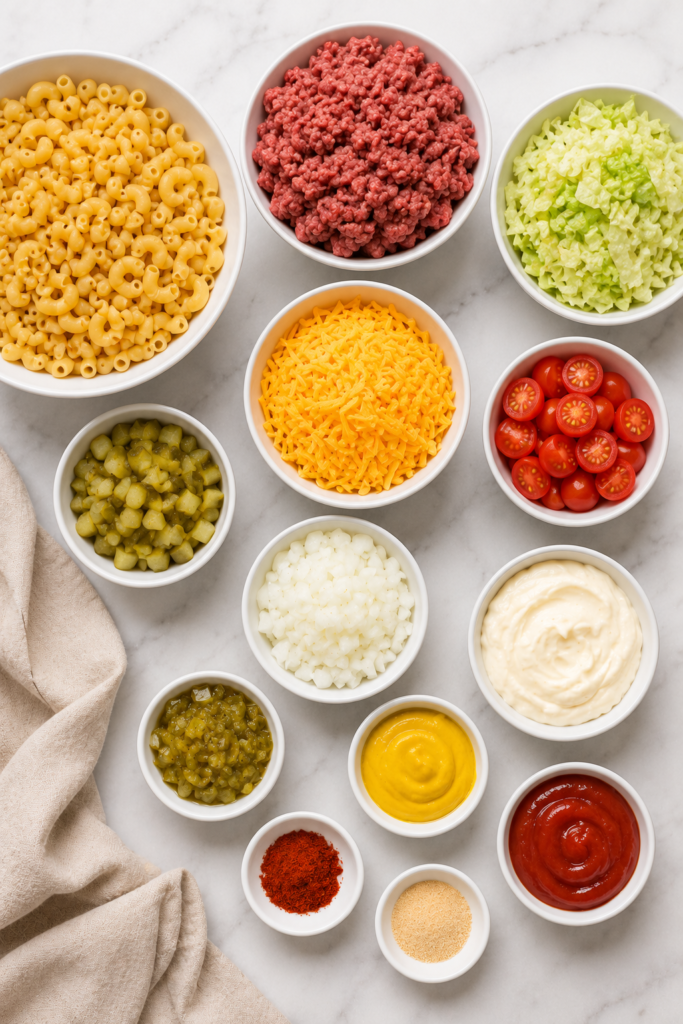 Overhead flat lay of ingredients for Big Mac Pasta Salad including elbow macaroni, ground beef, cheddar cheese, lettuce, pickles, onions, tomatoes, mayonnaise, ketchup, mustard, relish, and seasonings arranged in white bowls on a marble countertop.