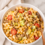 Big Mac Pasta Salad in White Bowl with Homemade Burger Sauce