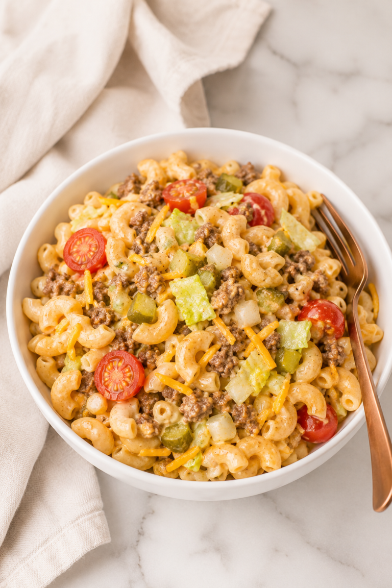 Big Mac Pasta Salad in White Bowl with Homemade Burger Sauce