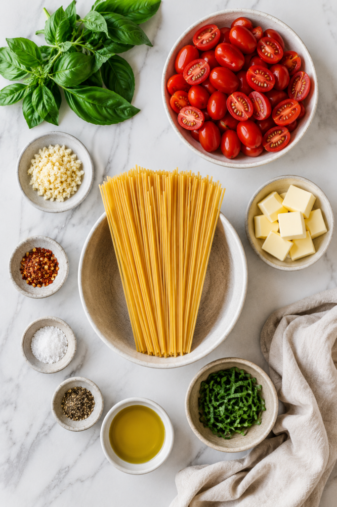 Flat lay of ingredients for brown butter tomatoes over spaghetti including spaghetti, cherry tomatoes, butter, basil, garlic, olive oil, salt, pepper, and red pepper flakes on a marble countertop.