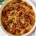 Brown butter tomatoes over spaghetti in a white Dutch oven topped with fresh basil on a white marble countertop.