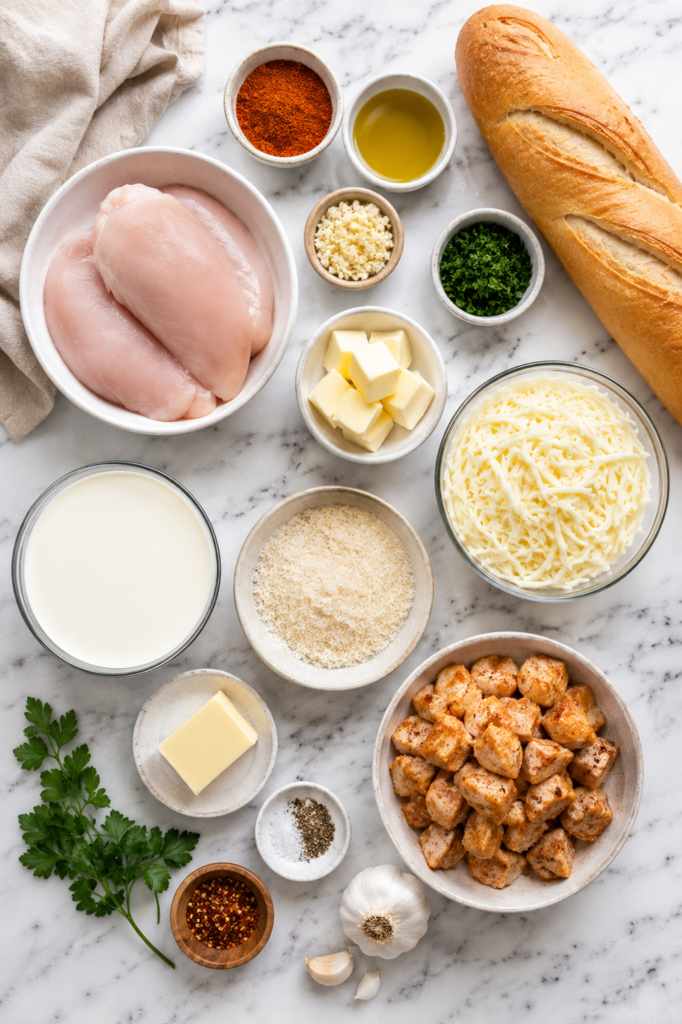 Flat lay of ingredients for Cajun Chicken Alfredo Garlic Bread including chicken breasts, French bread, mozzarella, Parmesan, heavy cream, butter, garlic, Cajun seasoning, olive oil, parsley, and spices on a white marble countertop.