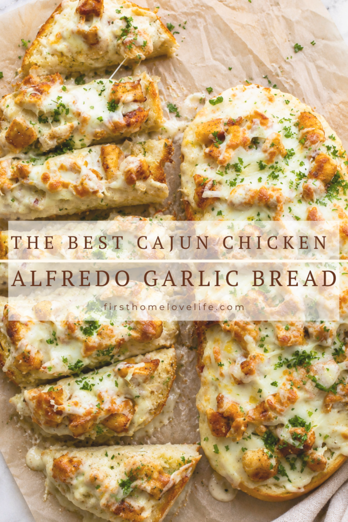Cajun Chicken Alfredo Garlic Bread topped with juicy Cajun chicken, creamy Alfredo sauce, melted mozzarella, and fresh parsley on toasted French bread.