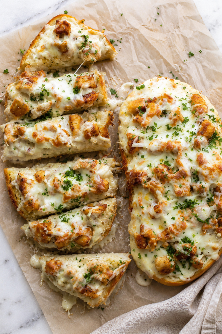 Creamy Cajun chicken Alfredo garlic bread topped with melted mozzarella and Parmesan on toasted French bread, served on wrinkled parchment over a white marble countertop.