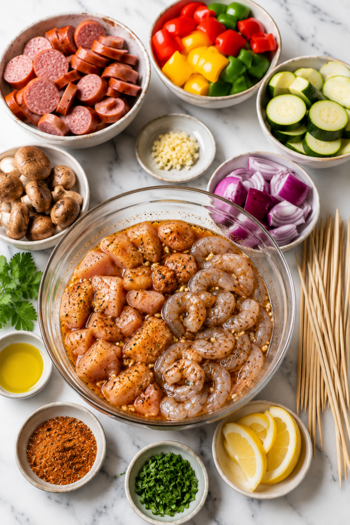 Chicken and shrimp marinating in a glass bowl with Cajun seasoning, garlic, olive oil, and lemon, surrounded by sausage, peppers, onions, zucchini, mushrooms, and skewers on a marble countertop.
