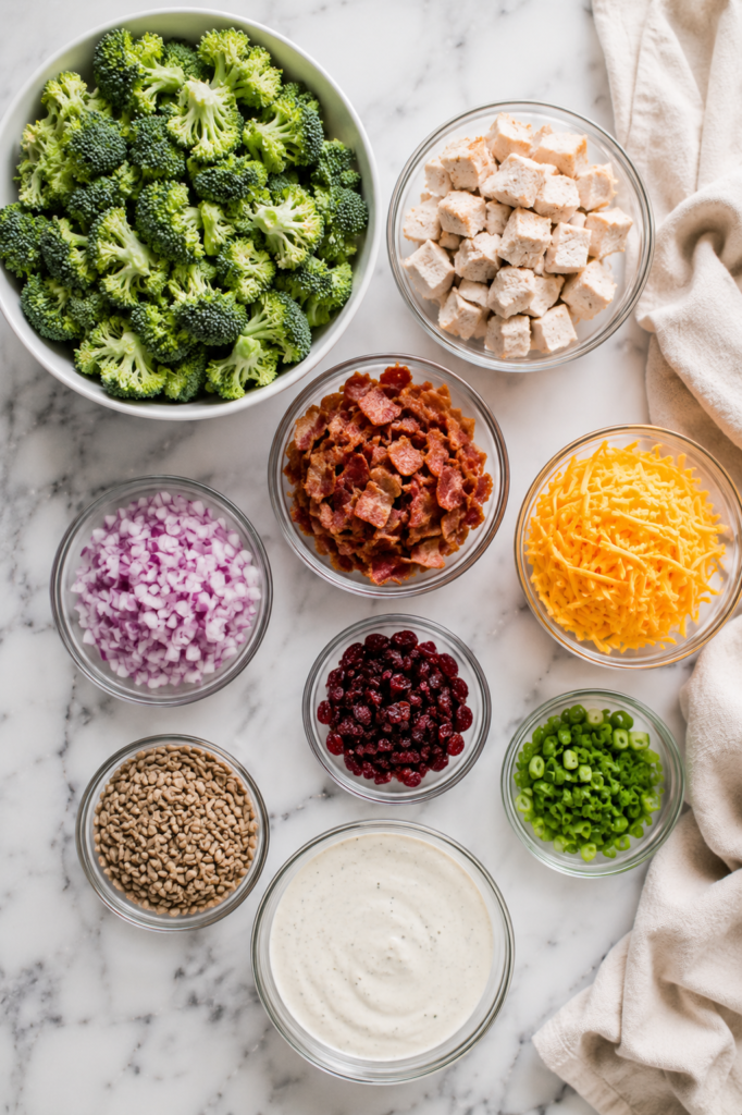 Flat lay of ingredients for chicken bacon ranch broccoli salad including broccoli, chicken, bacon, cheddar cheese, red onion, dried cranberries, sunflower seeds, green onions, and creamy ranch dressing.
