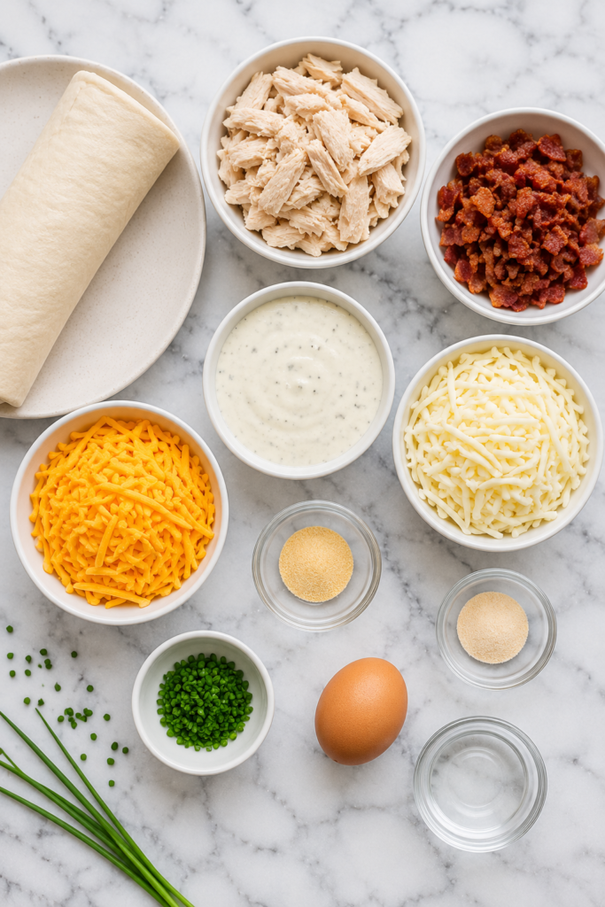 Flat lay of ingredients for homemade chicken bacon ranch hot pockets including pizza dough, cooked chicken, bacon, ranch dressing, cheddar cheese, mozzarella cheese, chives, seasonings, and egg on a marble countertop.