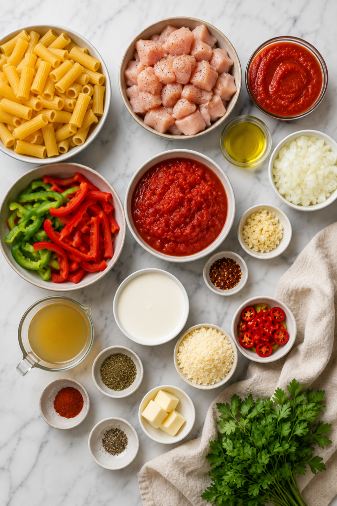 Flat lay of ingredients for Chicken Riggies including rigatoni pasta, chicken breast, peppers, hot cherry peppers, tomatoes, cream, Parmesan cheese, garlic, and seasonings on a marble countertop.