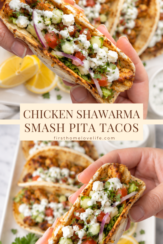 Chicken shawarma smash pita tacos topped with cucumber, tomatoes, red onion, feta cheese, fresh herbs, and creamy garlic sauce on a white platter.