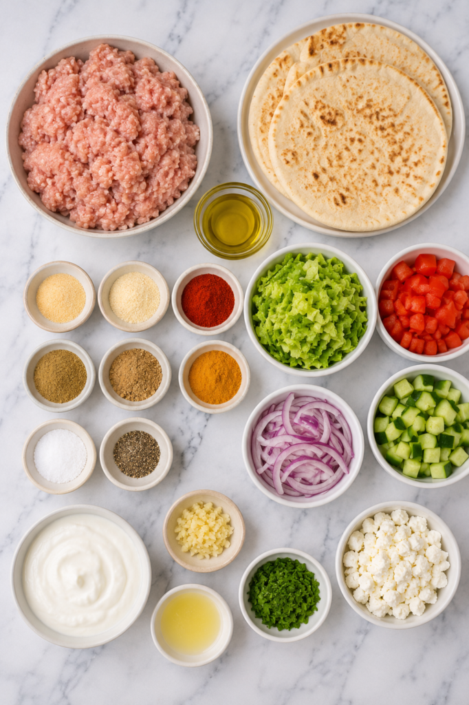 Flat lay of ingredients for chicken shawarma smash tacos including ground chicken, pita bread, shawarma spices, lettuce, cucumber, tomato, red onion, feta cheese, garlic, yogurt, parsley, lemon juice, and olive oil on a white marble countertop.