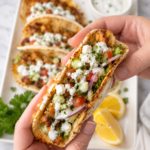 Hand holding a chicken shawarma smash taco on pita bread topped with lettuce, cucumber, tomatoes, feta cheese, and creamy garlic sauce with more tacos on a white platter in the background.