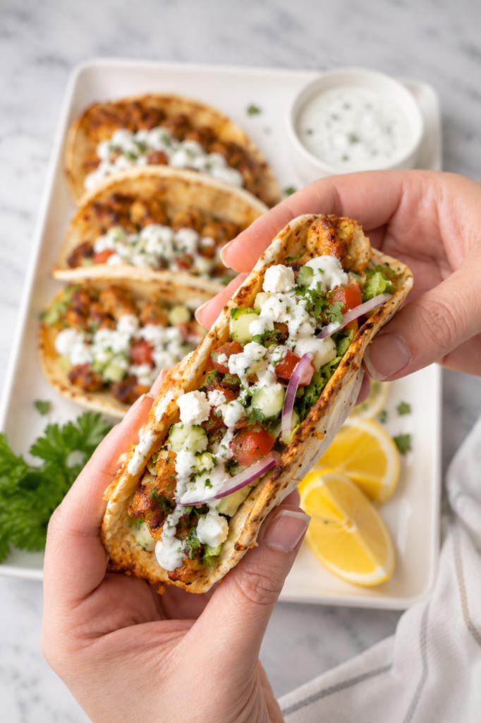 Hand holding a chicken shawarma smash taco on pita bread topped with lettuce, cucumber, tomatoes, feta cheese, and creamy garlic sauce with more tacos on a white platter in the background.