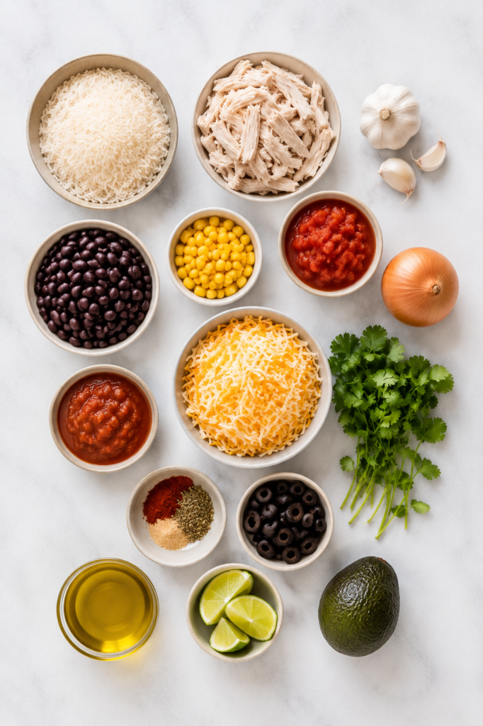 Ingredients for Chicken Tinga Rice Casserole including shredded chicken, rice, black beans, corn, cheese, salsa, tomatoes, avocado, cilantro, garlic, onion, lime, and seasonings arranged on a marble countertop.