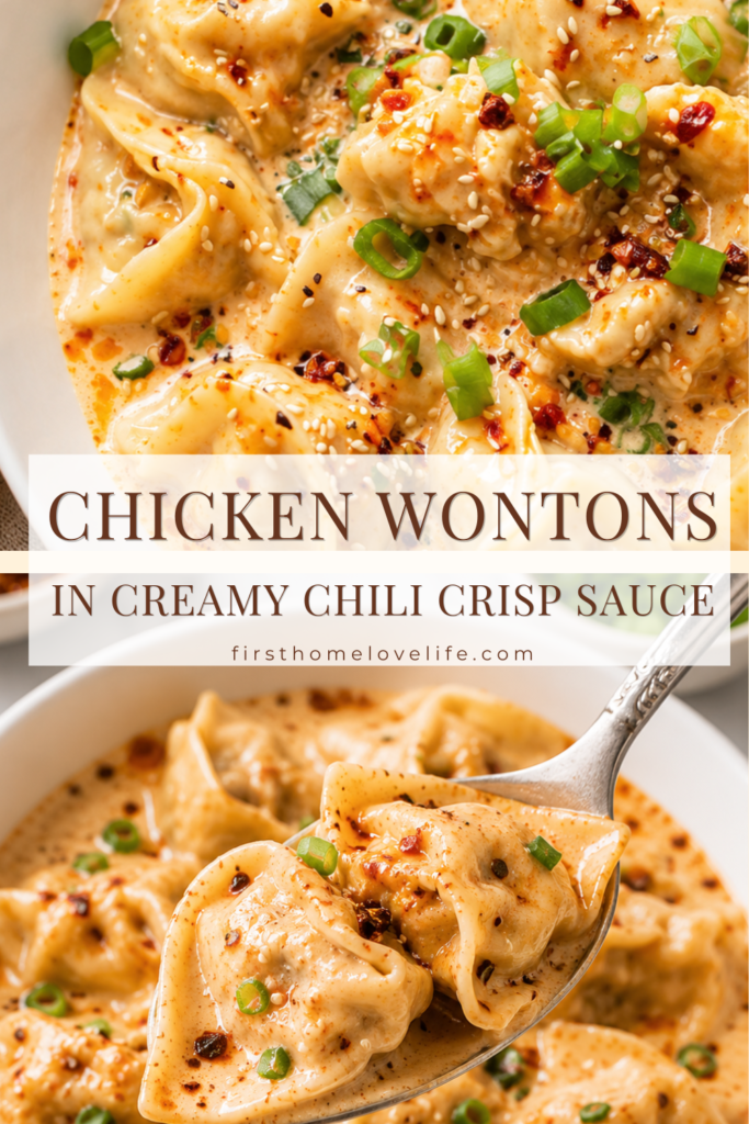 Silver spoon lifting creamy chicken wontons from a bowl of garlic chili crisp sauce garnished with green onions and sesame seeds.