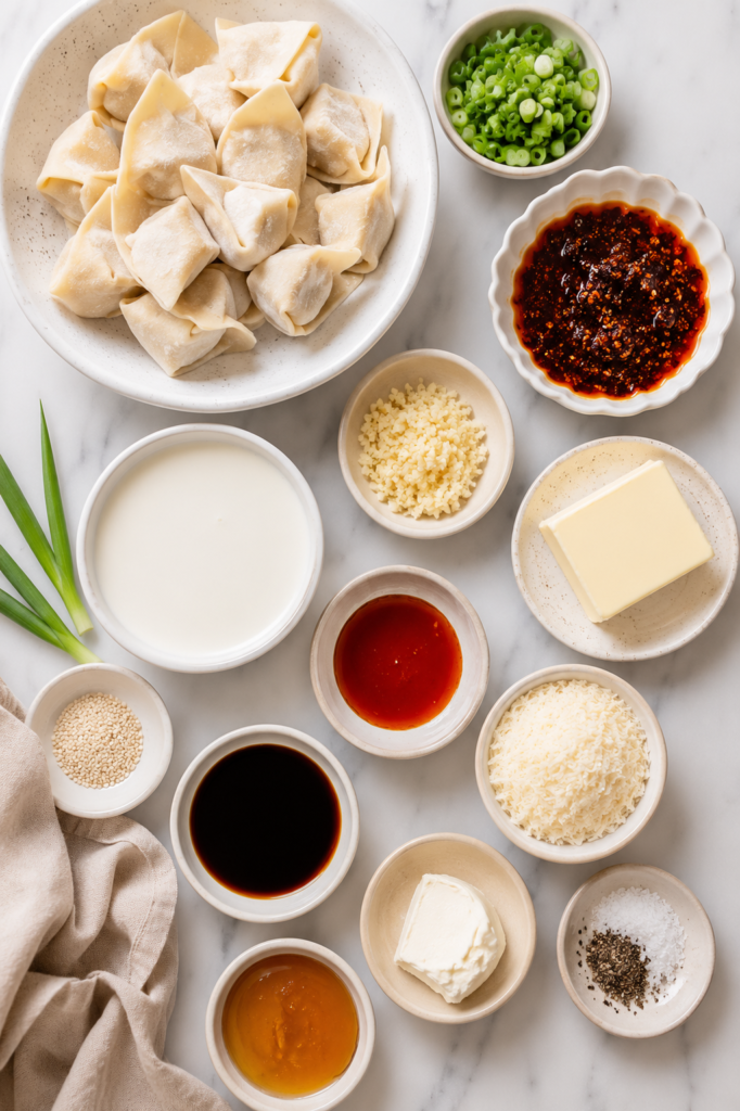 Flat lay of ingredients for chicken wontons in creamy garlic chili crisp sauce including wontons, garlic, chili crisp, cream, parmesan cheese, soy sauce, honey, cream cheese, green onions, and seasonings.