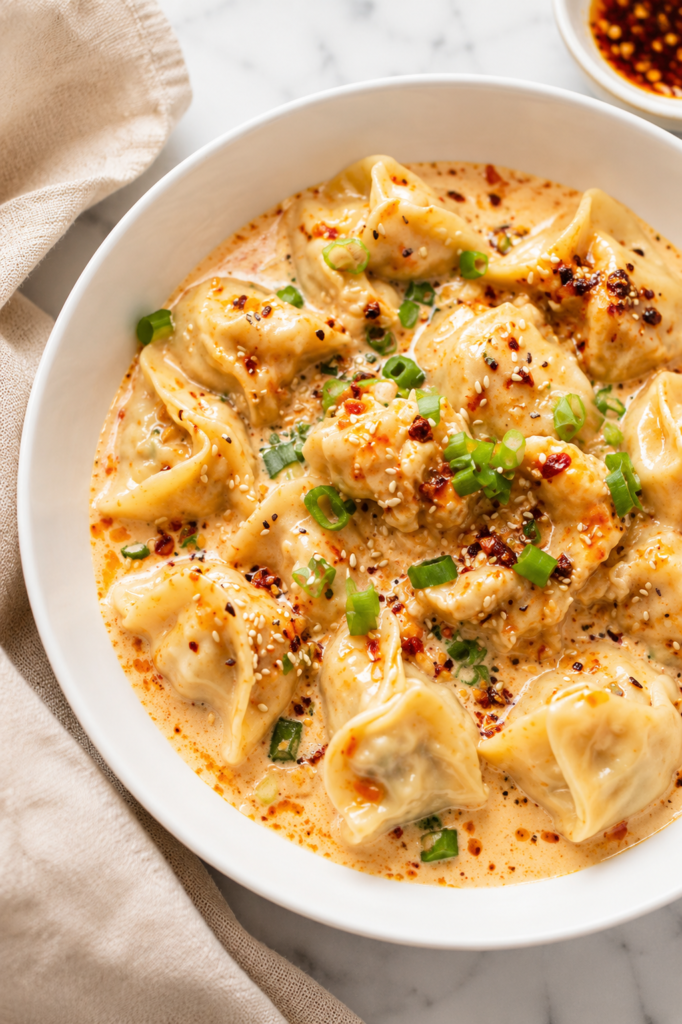 Chicken wontons in a creamy garlic chili crisp sauce served in a white bowl on a marble countertop with a neutral linen cloth.