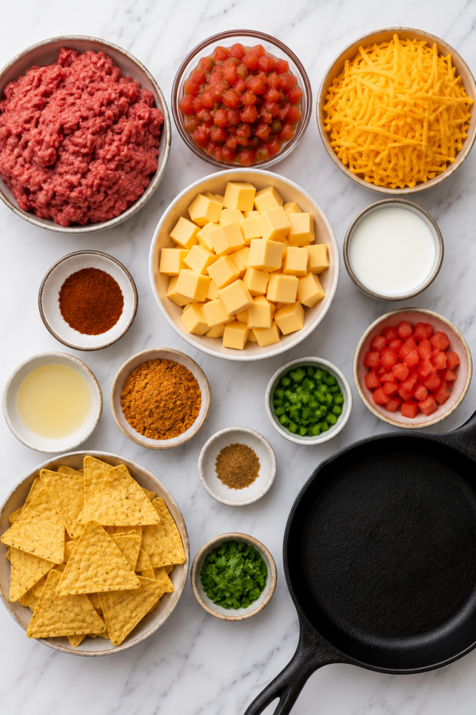 Flat lay of ingredients for homemade Chili's copycat skillet queso including ground beef, cheddar cheese, processed cheese, tomatoes, milk, seasonings, tortilla chips, and a cast iron skillet on a white marble countertop.