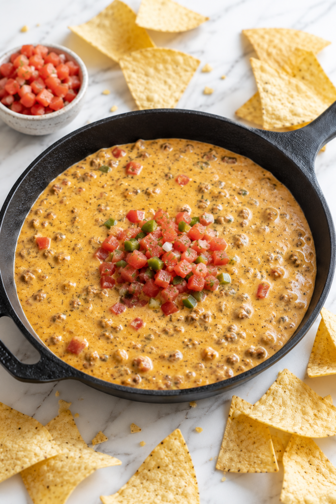Creamy Chili's copycat skillet queso made with seasoned ground beef and melted cheese in a cast iron skillet on a white marble countertop with tortilla chips scattered around.