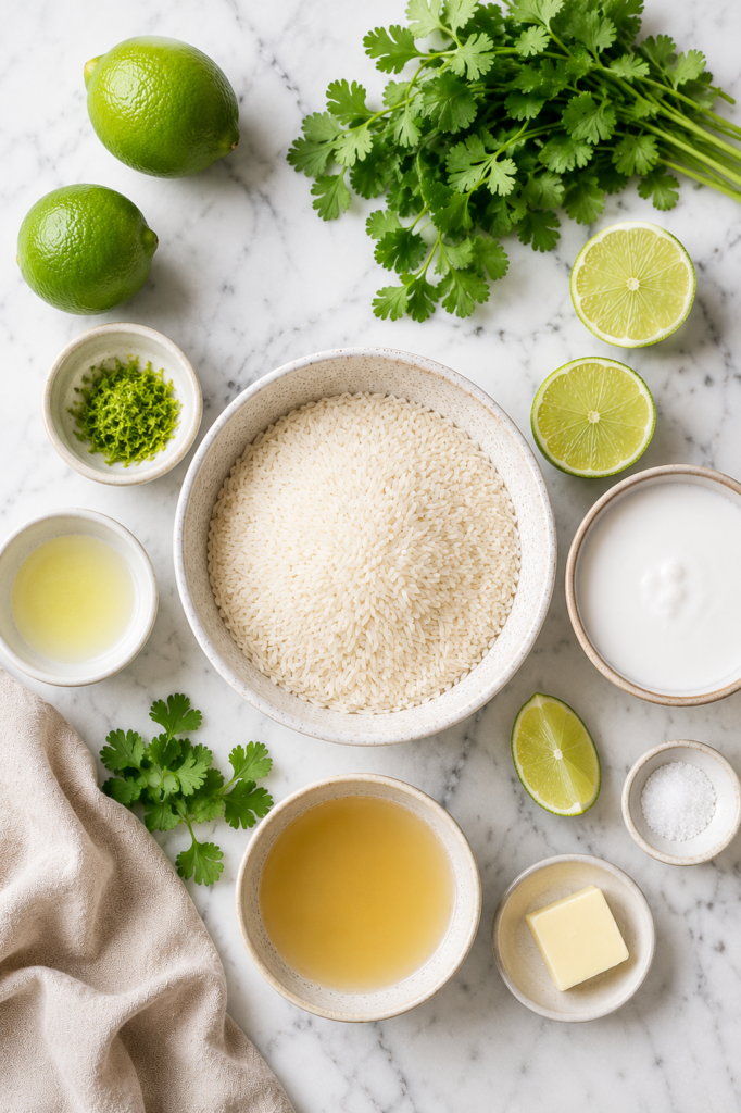 Overhead flat lay of coconut lime rice ingredients arranged on a white marble counter including jasmine rice, coconut milk, fresh limes, cilantro, broth, butter, and salt.