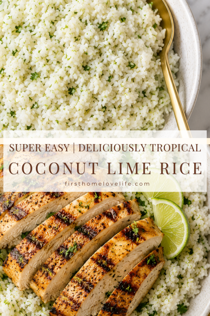 Grilled chicken breast sliced over fluffy coconut lime rice with fresh lime wedges, cilantro, and a gold serving spoon in a white bowl on a marble countertop.