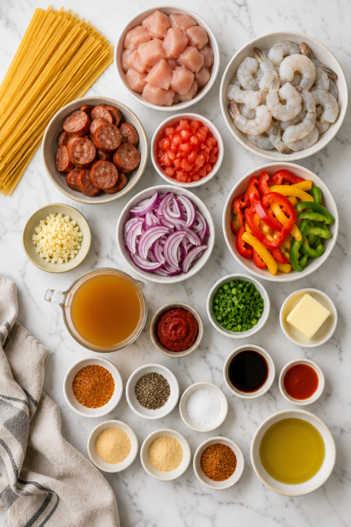 Flat lay of ingredients for Copycat Cheesecake Factory Cajun Jambalaya Pasta including shrimp, chicken, sausage, linguine, bell peppers, onions, Cajun seasoning, and broth on a marble countertop.