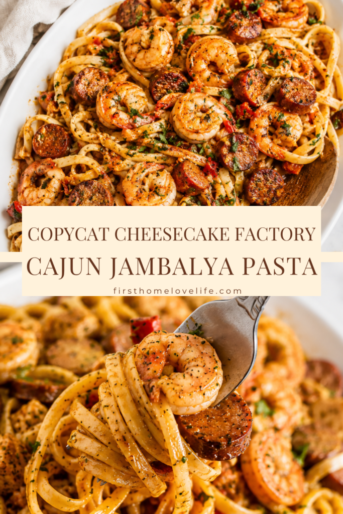 Pinterest pin featuring Copycat Cheesecake Factory Cajun Jambalaya Pasta with shrimp, andouille sausage, chicken, and linguine in a spicy Cajun garlic butter sauce.