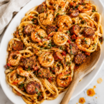 Copycat Cheesecake Factory Cajun Jambalaya Pasta with shrimp, chicken, and andouille sausage served on a white oval platter with a wooden spoon on a marble countertop.