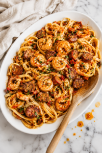 Copycat Cheesecake Factory Cajun Jambalaya Pasta with shrimp, chicken, and andouille sausage served on a white oval platter with a wooden spoon on a marble countertop.