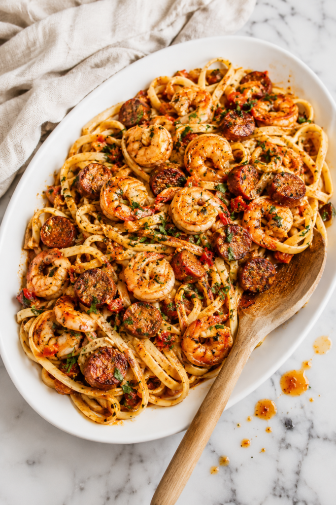 Copycat Cheesecake Factory Cajun Jambalaya Pasta with shrimp, chicken, and andouille sausage served on a white oval platter with a wooden spoon on a marble countertop.