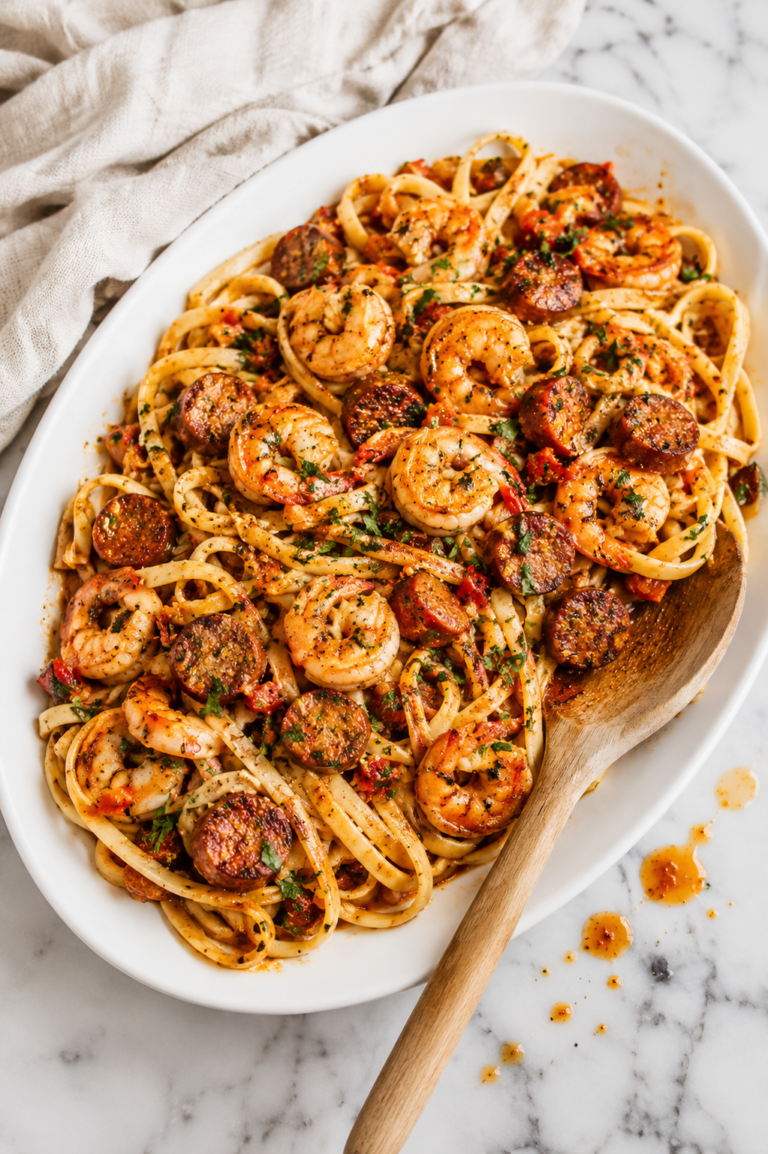 Copycat Cheesecake Factory Cajun Jambalaya Pasta with shrimp, chicken, and andouille sausage served on a white oval platter with a wooden spoon on a marble countertop.