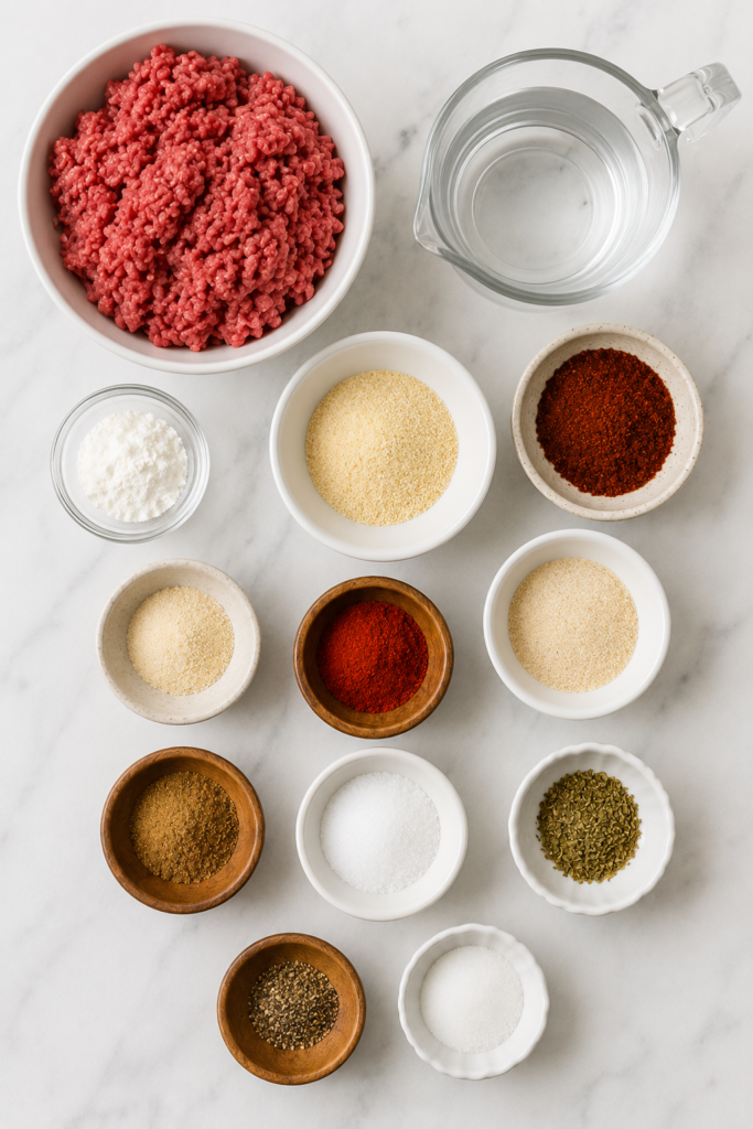Flat lay of ground beef, water, masa harina, cornstarch, chili powder, cumin, paprika, oregano, salt, pepper, and seasonings arranged in white bowls on a marble countertop.