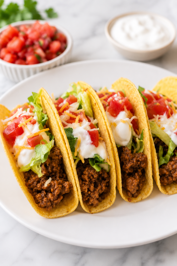 Four crunchy beef tacos topped with lettuce, tomatoes, shredded cheese, and sour cream on a white plate over a white marble countertop.