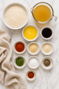 Flat lay of ingredients for copycat Texas Roadhouse seasoned rice arranged in white bowls on a marble countertop with a neutral linen towel.