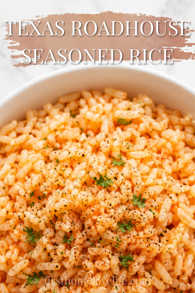 Close-up of homemade Copycat Texas Roadhouse Seasoned Rice garnished with parsley and black pepper in a white serving bowl.