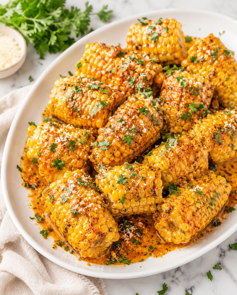 Copycat Wingstop fried corn on a white platter topped with Cajun butter sauce, fresh parsley, and grated Parmesan cheese on a marble countertop with a neutral linen cloth.