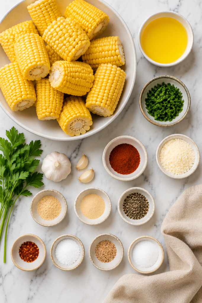 Bright overhead Pinterest-style flat lay featuring sweet corn, butter, garlic, parsley, Parmesan cheese, Cajun seasoning, paprika, salt, pepper, and seasonings neatly arranged in white bowls on a marble countertop with a neutral linen cloth.