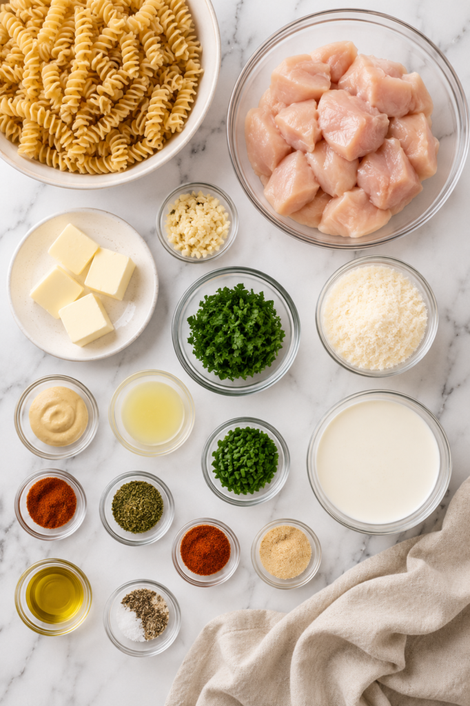 Flat lay of ingredients for Cowboy Butter Chicken Pasta including chicken breast, rotini pasta, butter, garlic, heavy cream, Parmesan cheese, Dijon mustard, lemon juice, fresh parsley, chives, olive oil, and seasonings on a marble countertop.