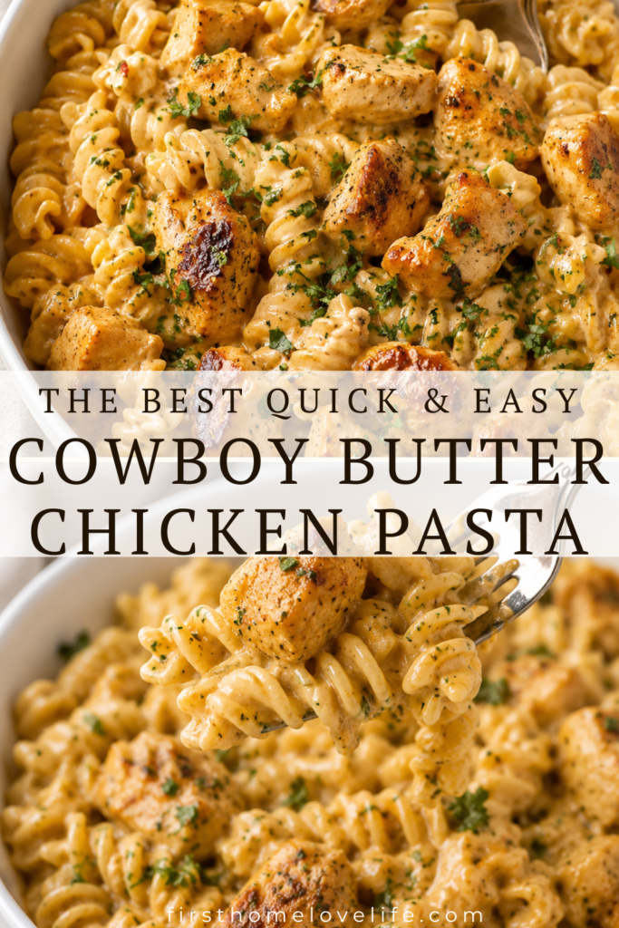 Fork lifting creamy Cowboy Butter Chicken Pasta with juicy seasoned chicken, rotini pasta, garlic butter Parmesan sauce, and fresh parsley from a white serving bowl.