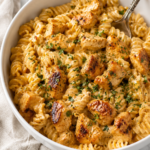 Creamy Cowboy Butter Chicken Pasta with golden seared chicken, rotini pasta, Parmesan cheese, garlic butter sauce, and fresh parsley served in a large white bowl on a marble countertop.