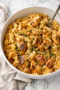 Creamy Cowboy Butter Chicken Pasta with golden seared chicken, rotini pasta, Parmesan cheese, garlic butter sauce, and fresh parsley served in a large white bowl on a marble countertop.