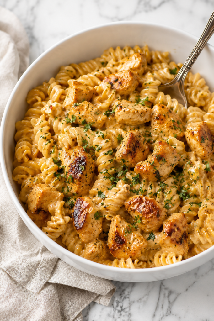 Creamy Cowboy Butter Chicken Pasta with golden seared chicken, rotini pasta, Parmesan cheese, garlic butter sauce, and fresh parsley served in a large white bowl on a marble countertop.