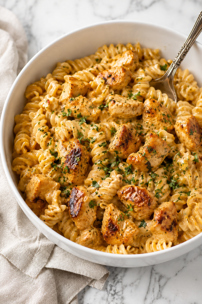 Creamy Cowboy Butter Chicken Pasta with golden seared chicken, rotini pasta, Parmesan cheese, garlic butter sauce, and fresh parsley served in a large white bowl on a marble countertop.
