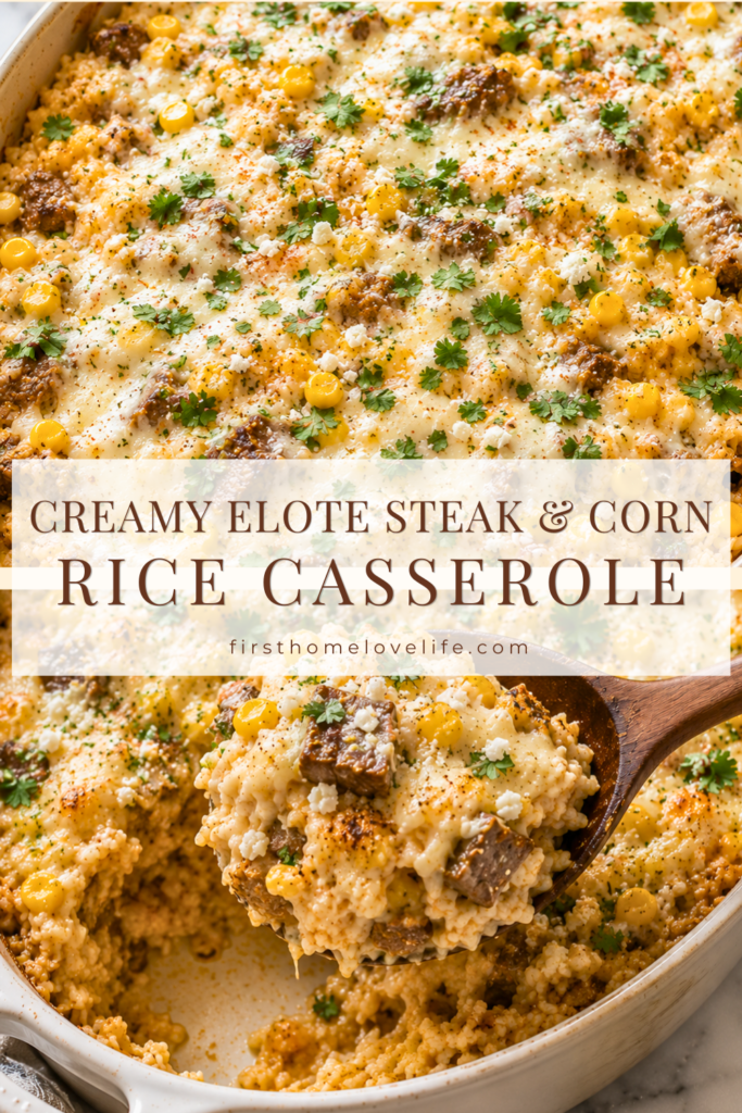 Spoon serving a scoop of creamy Elote Steak and Corn Rice Casserole with melted cheese, corn, steak bites, and cilantro from a baked casserole dish.